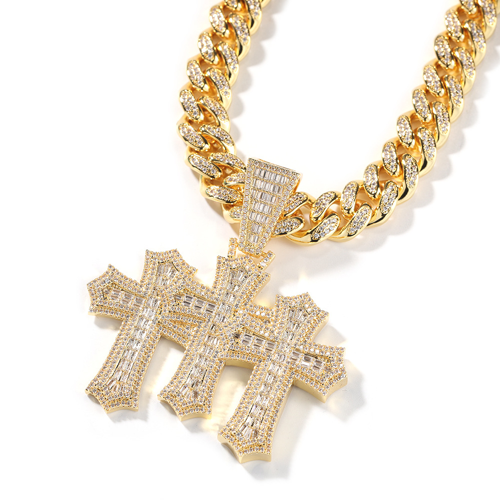 Vein Dynasty® 12 mm Cuban Link Chain and Cross Pendant in 18K Gold-Plated Pure Copper with Cubic Zirconia