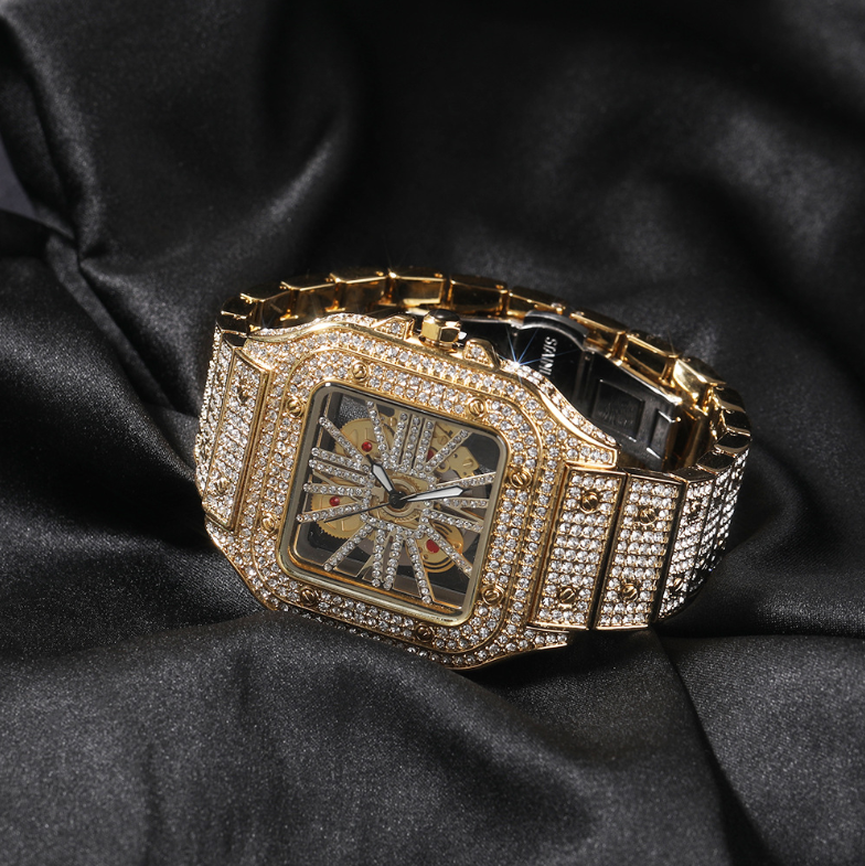 Vein Dynasty® Square Skeleton Quartz Watch in 18K Gold-Plated Alloy with Crystal
