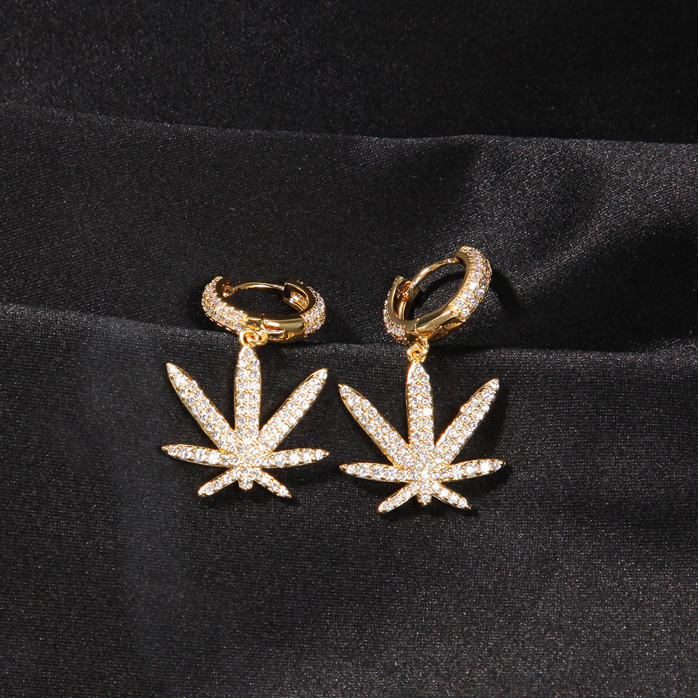 Vein Dynasty® Full Diamond Maple Leaf Earring in 18K Gold-Plated Pure Copper and Cubic Zirconia