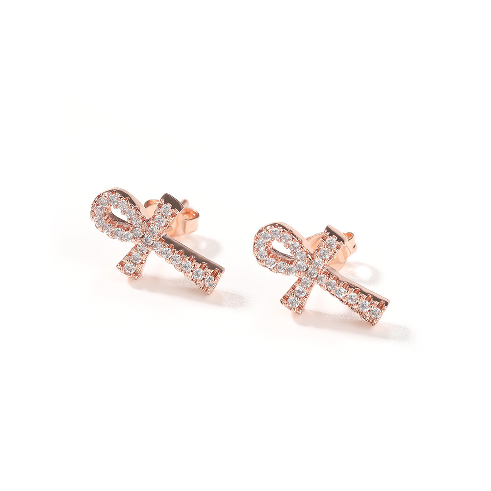 Vein Dynasty® Ankh Cross Stud Earring in 18K Gold-Plated Pure Copper and Cubic Zirconia