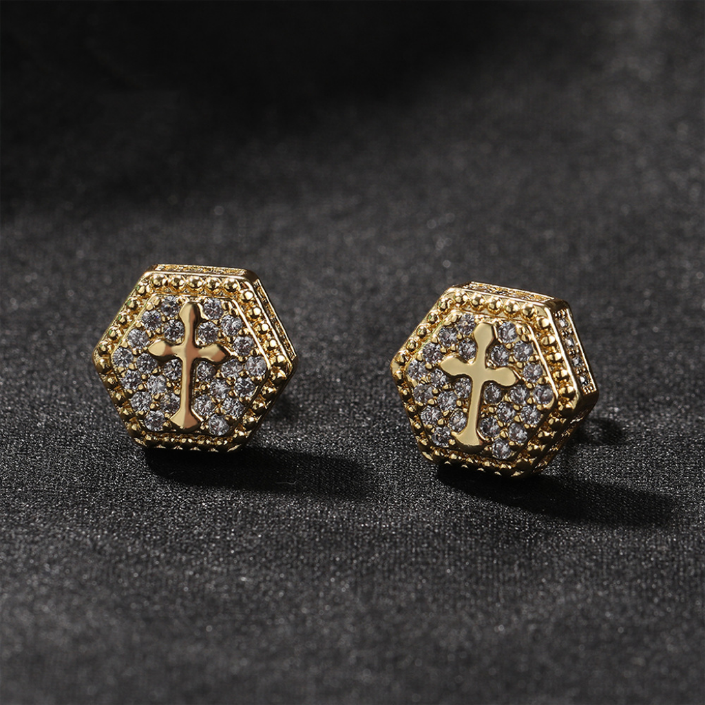 Vein Dynasty® Square/8 Star 8 Sword/4 Square Cross/6 Edge Cross Earring in 18K Gold-Plated Pure Copper and Cubic Zirconia