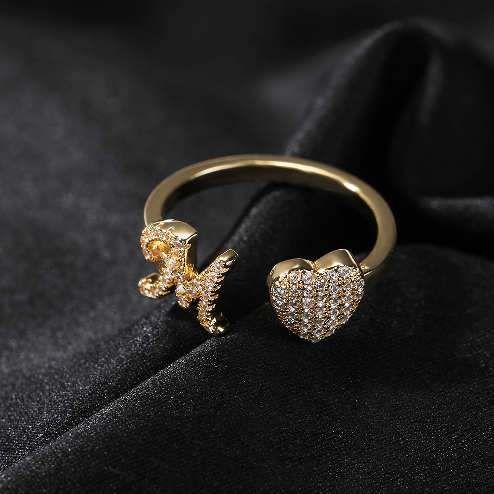 Vein Dynasty® Love A-Z Letter Opening Ring in 18K Gold-Plated Pure Copper with Cubic Zirconia